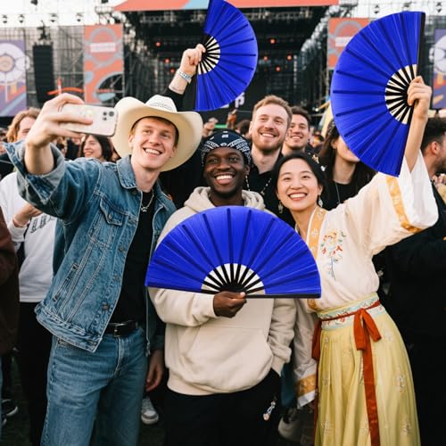 13-Inch Large Handheld Folding Rave Fan for Line Dancing - Blue