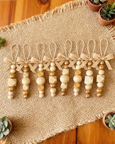 24Pcs Wooden Beads Christmas Tree Ornaments - Gold & Rustic Boho Xmas Decor