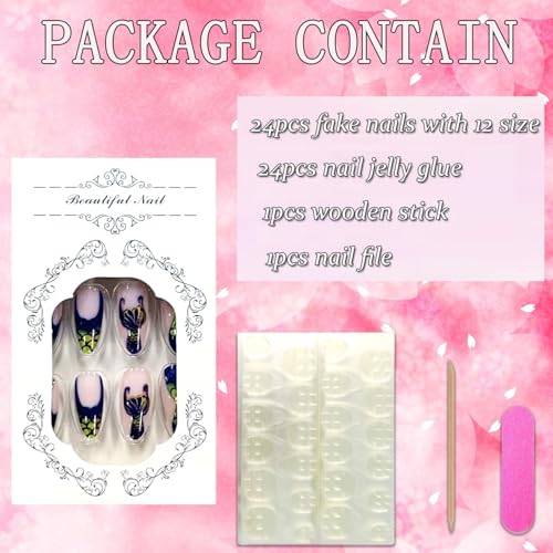 FIEONCIY Glossy Almond Press on Nails French False Fingernails with Charms