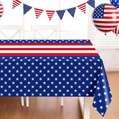 Childom Patriotic Tablecloths - 3 Pack American Flag Plastic Covers 54x108"
