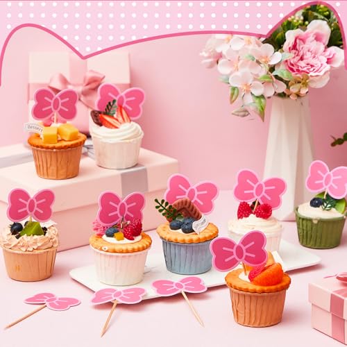 24 Pcs Pink Cat Cupcake Toppers with Bows for Birthday Party Decor