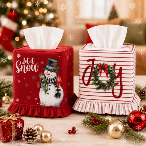 Snowman Tissue Box Cover - 2 Piece Christmas Linen Decor with Ruffled Edges