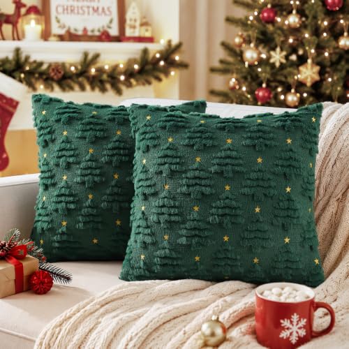 DecorUhome Christmas Tree Dark Green Throw Pillow Covers 16x16 Set of 2 - Holiday Decor
