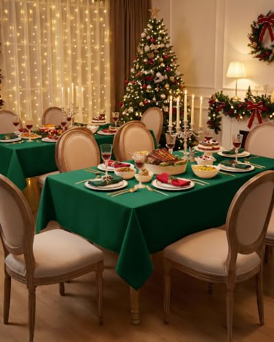 Waterproof Rectangle Table Cloth 8ft - Hunter Green 2-Pack, Linen-Textured