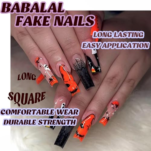 BABALAL Long Square Press on Nails Halloween Black Orange French Tip Goth