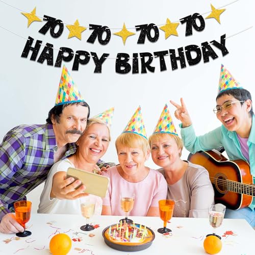 Black and Gold 70th Birthday Banner - Pre-Strung Party Decoration Sign