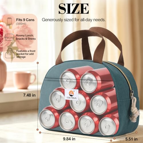 CaCTOUR C-Lake Green Insulated Lunch Bag for Women Girls Teens, Corduroy Cooler Tote, Small Portable Reusable Lunchbox