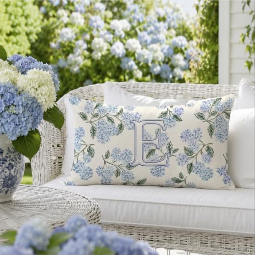 Personalized Blue Hydrangea Monogram Letter E Lumbar Pillow Cover 12x20