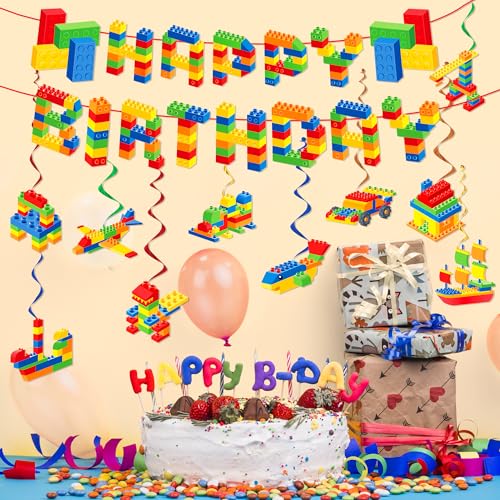 Building Block Birthday Party Decoration Set with Banner and Hanging Swirls