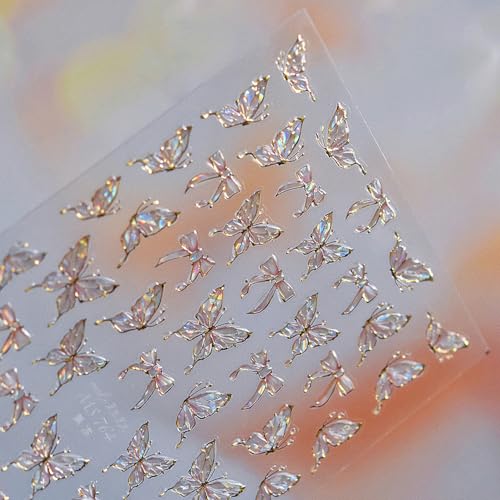 5D Embossed Butterfly Nail Stickers Self-Adhesive Aurora Pink Bow Nail Decals