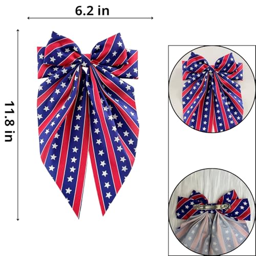 Patriotic Large Red White and Blue Hair Bow Clip with Long Tails