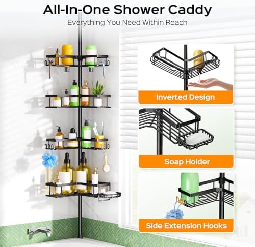 HAMITOR Shower Caddy - 4-Tier Rustproof Bathroom Organizer with Soap Holder & Hooks | Adjustable Tension Pole 47-123 Inch - Black