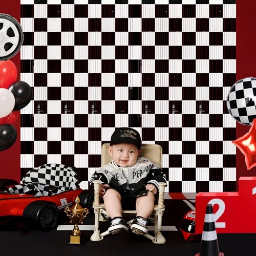 PreJoyStar Car Foil Fringe Curtains - Race Car Themed Backdrop 2 Pack, 3.3 x 6.6 Ft, Black & White Checkered Party Decorations