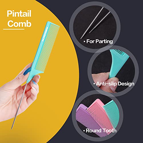 Rat Tail Combs 3-Pack with Metal Pick for Braiding and Parting