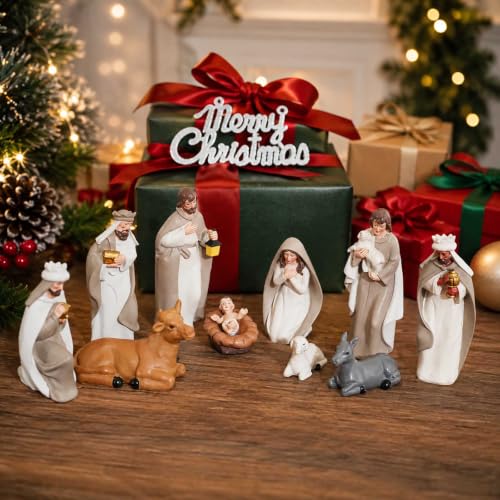 Brown Resin Nativity Set with 10 Figurines - Indoor Christmas Scene, 4.8 Inch - Variation of Brown