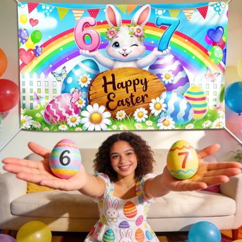Happy Easter Bunny Backdrop Banner - 72x44in Spring Party Decor