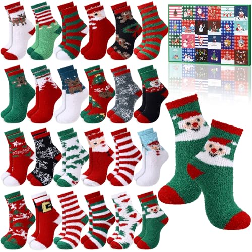 24 Pairs Christmas Fuzzy Socks Advent Calendar - Holiday Gift Set
