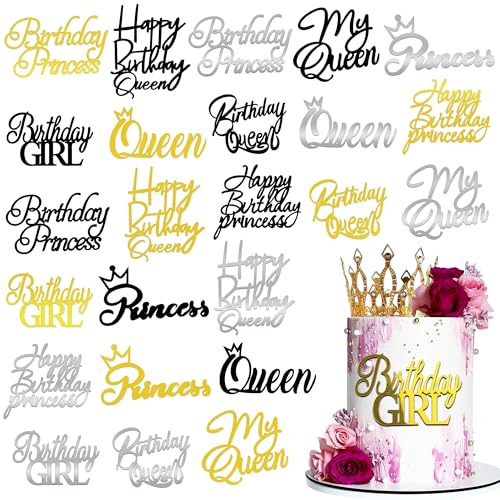 24PCS Queen Birthday Cake Toppers - Black, Gold & Silver Decorations