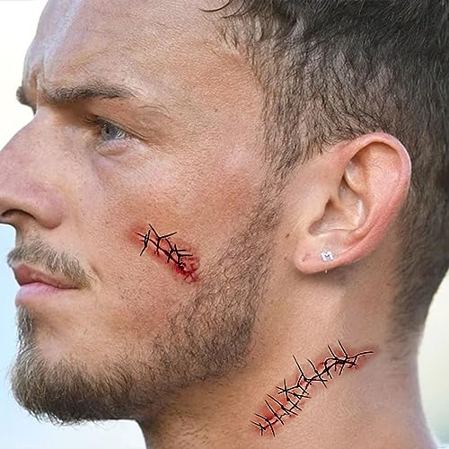 Halloween Zombie Temporary Tattoos - 20 Sheets Realistic Scars & Stitches