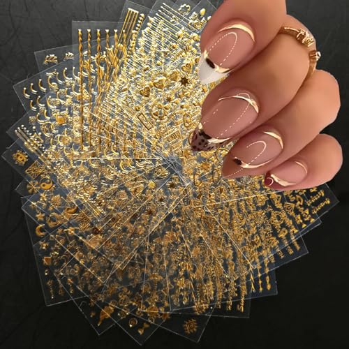 120 Sheets Gold Nail Art Decals - 3D Self-Adhesive Geometric & Floral Stickers