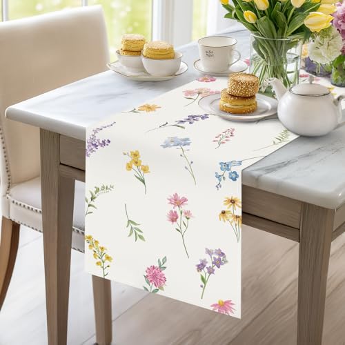 Bonhause Spring Floral Table Runner 13x72 Inch Wildflowers Farmhouse Linens