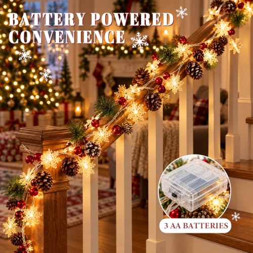 10Ft Christmas Garland with Lights - 30 LED Warm White String, Pinecones & Berries, Battery Operated, 1 Piece - Variation of THIS listing