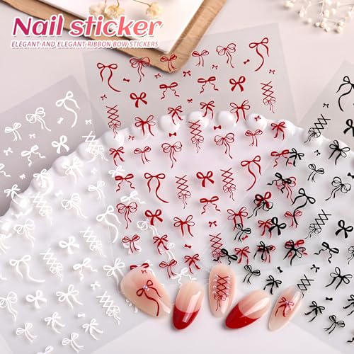 KAHSOSE Bow Nail Art Stickers 4Pcs Self-Adhesive Black White Red Gold