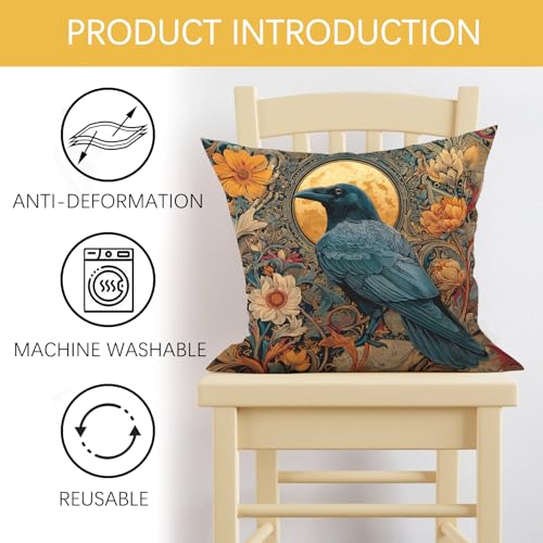 Vintage Crow Raven Throw Pillow Cover 18x18, Gothic Floral Moon Cushion Case
