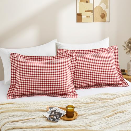 Red Plaid Gingham Pillowcases Set of 2 - 20x26 Inches, Farmhouse Style