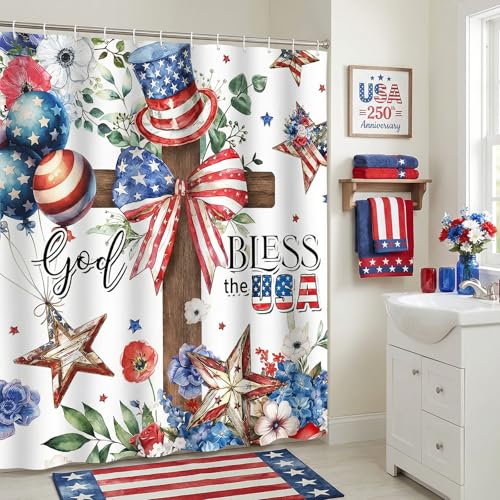 Patriotic 4th of July Shower Curtain - God Bless the USA, 72x72 Inch