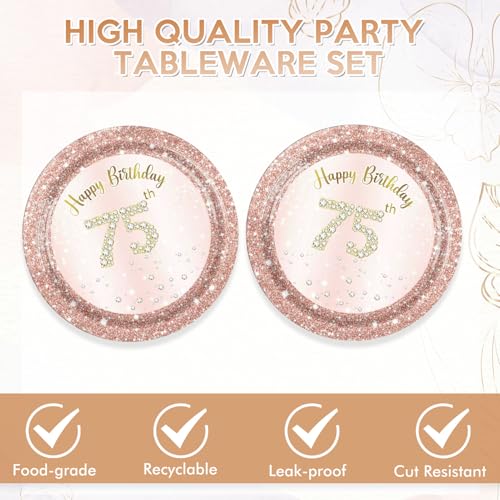 KHAIVI 75th Birthday Party Plates and Napkins Rose Gold 75 Year Old Tableware - 40 pcs