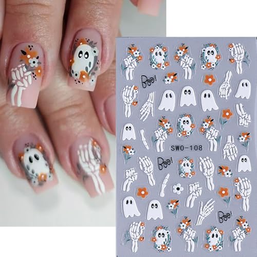 5D Embossed Halloween Nail Stickers, Ghost Spider Web Pumpkin Nail Decals