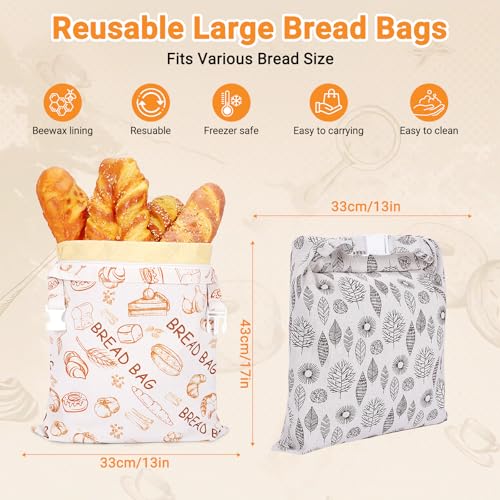 Senbowe Reusable Beeswax Bread Bags 17x13 Inch XL - Beige & Grey, Large Linen Storage with Zipper for Sourdough & Homemade Bread