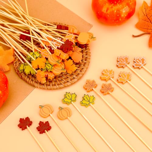 Leislam 100 PCS Fall Thanksgiving Cocktail Picks - Bamboo Appetizer Skewers