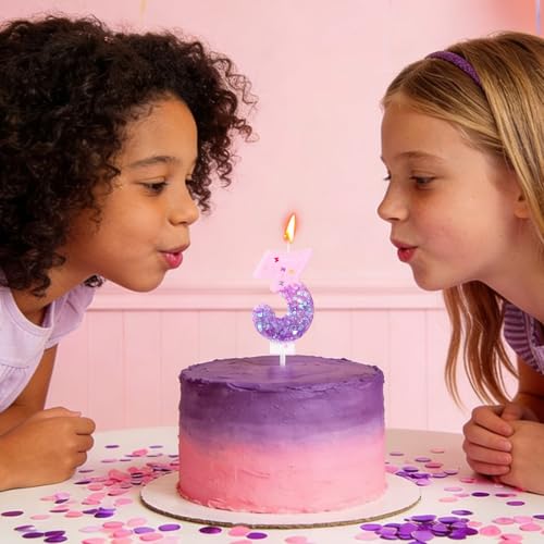 Glitter Pink & Purple Number 3 Birthday Candle Topper