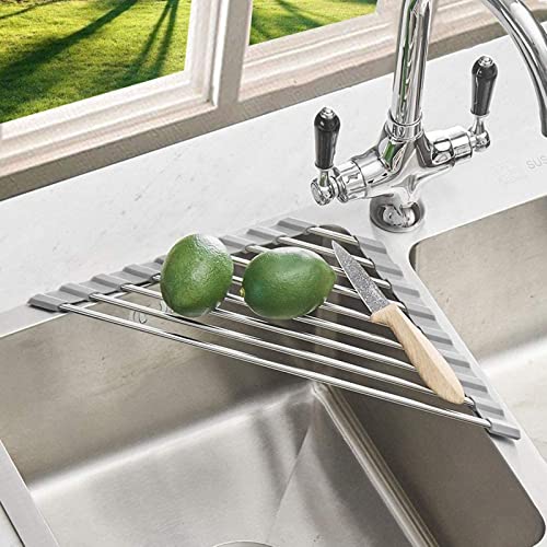 Triangle Dish Drying Rack - Roll Up Folding Stainless Steel Mat for Sink Corner - Gray