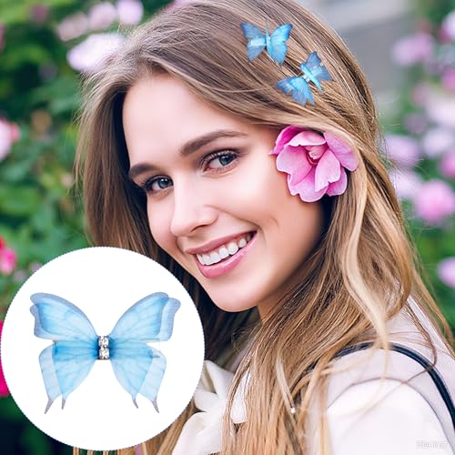 PAGOW 5pcs Blue Butterfly Hair Clips Rhinestone Snap Barrettes