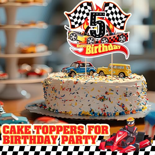 Race Car 5th Birthday Cake Topper - Checkered Flag Decoration