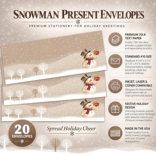 Snowman Present #10 Envelopes 20 Pack - 9.5 x 4.125 Inch Holiday Paper