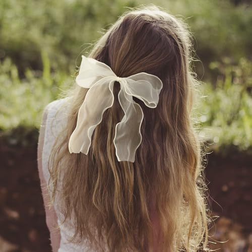 STSTR 2Pcs Large Beige Organza Hair Bow Ties, Long Tail Bowknot Scrunchies