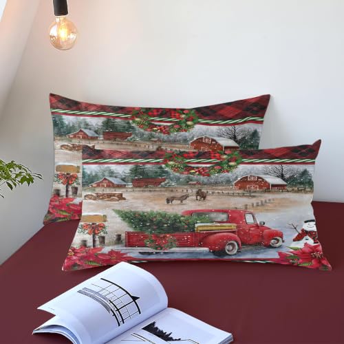 Sedefen Christmas Comforter Set Queen Red Gingham Truck Farmhouse Bedding - Variation of King