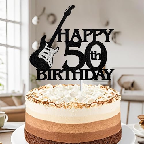 Guitar-Themed 50th Birthday Cake Topper - Black & Silver Glitter