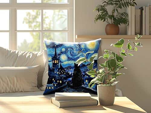 BILLAION Black Cat Throw Pillow Cover 18x18 - Star Sky Night & Mystical Design