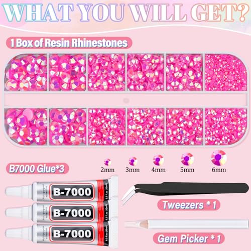 Hot Pink AB Resin Rhinestones Kit with B7000 Glue and Tools for Crafts DIY