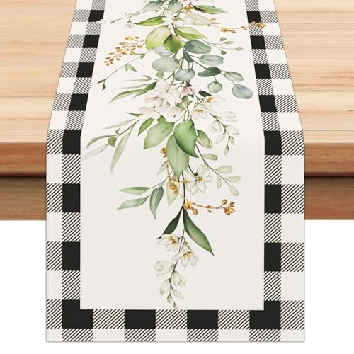 Bonhause Eucalyptus Leaves Table Runner 13x72 Inch - Black White Plaid