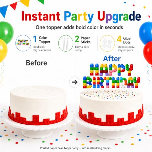 Building Block Happy Birthday Cake Topper - Colorful Brick Party Decor