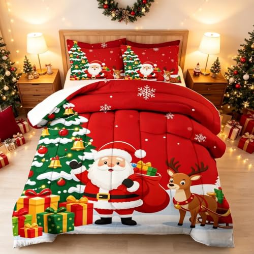 Christmas Santa Reindeer Twin Comforter Set - Soft Bedding with Holiday Design