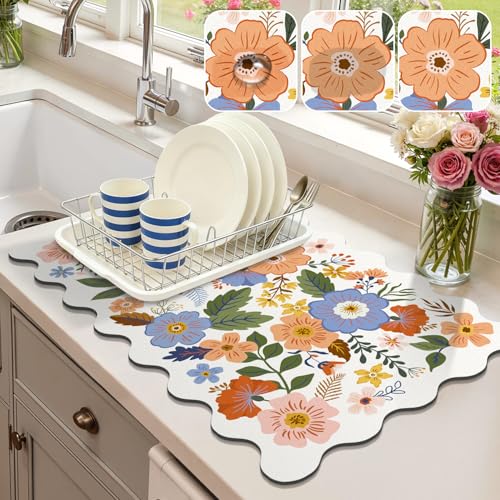 LOKHOM Colorful Floral Dish Drying Mat, 12"x20" Wildflowers