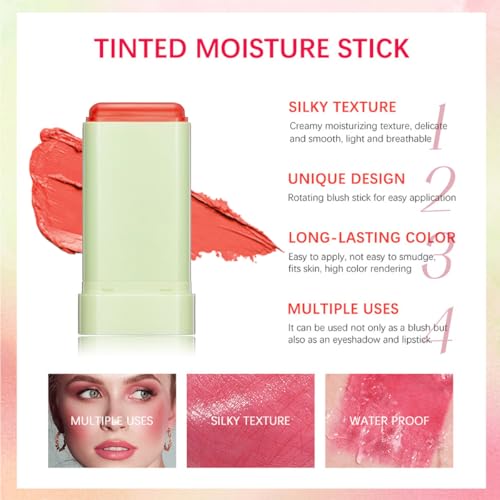 3-in-1 Cream Blush Stick - Waterproof Natural Tinted Makeup for Cheeks, Lips and Eyes #03 Coral Orange