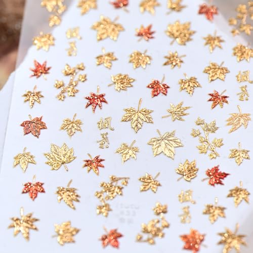 5D Embossed Autumn Maple Leaves Nail Stickers Gold Thanksgiving Decals